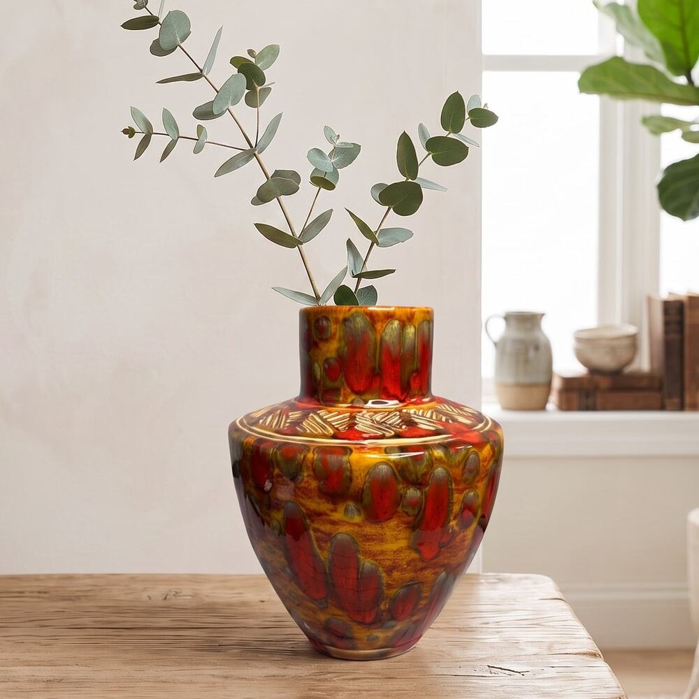 Vintage Signed Studio Pottery Vase Red Orange Glaze MCM Statement 9in